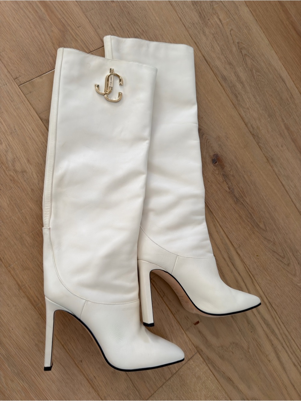 Jimmy Choo Cream Over-the-Knee Leather Boots with Gold JC Logo